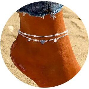 Sterling Silver Anklet for Women Heart Charm CZ Layered Waterproof Jewelry